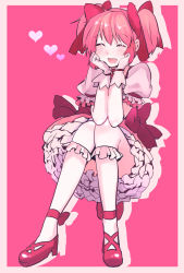 Rule 34 | 10s, 1girl, bow, closed eyes, dress, frills, gloves, hair bow, head rest, heart, kaname madoka, magical girl, mahou shoujo madoka magica, mahou shoujo madoka magica (anime), momoko (palemon), pink background, pink eyes, pink hair, smile, solo