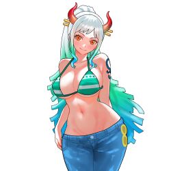 Rule 34 | 1girl, aqua hair, arm tattoo, arms behind back, bikini, bikini top only, breasts, closed mouth, contrapposto, cosplay, cowboy shot, denim, female focus, gradient hair, groin, horns, jeans, large breasts, legs together, looking at viewer, midriff, multicolored hair, nami (one piece), nami (one piece) (cosplay), navel, one piece, orange eyes, pants, simple background, smile, solo, standing, swimsuit, tareme, tattoo, white background, white hair, wide hips, yamato (one piece)