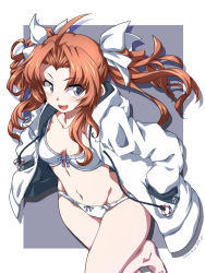 Rule 34 | 1girl, 547th sy, ahoge, alternate costume, barefoot, blush, bra, breasts, coat, dated, hair ribbon, hands in pockets, highres, kagerou (kancolle), kantai collection, long hair, long sleeves, medium breasts, open mouth, orange hair, panties, purple eyes, ribbon, simple background, solo, twintails, twitter username, two-tone background, underwear, white bra, white coat, white panties, white ribbon