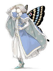 Rule 34 | 1boy, blue eyes, cape, crown, diamond hairband, dress, fate/grand order, fate (series), full body, fur-trimmed cape, fur trim, grey hair, high heels, highres, insect wings, kankan33333, long hair, long sleeves, looking afar, male focus, medium hair, oberon (fate), shirt, smile, solo, standing, white shirt, wings