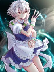 Rule 34 | 1girl, apron, between fingers, black ribbon, blue dress, bow, braid, breasts, commentary request, cowboy shot, dress, energy, frilled apron, frills, green bow, grey background, hair between eyes, hair bow, hand up, highres, holding, holding knife, holding weapon, izayoi sakuya, knife, knives between fingers, looking at viewer, maid, maid headdress, medium breasts, neck ribbon, parted lips, partial commentary, petticoat, puffy short sleeves, puffy sleeves, red eyes, ribbon, shirt, short dress, short hair, short sleeves, silver hair, solo, touhou, twin braids, waist apron, weapon, white apron, white shirt, wrist cuffs, yorusakurakurenaihana