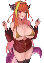 Rule 34 | 1girl, ahoge, bikini, bikini under clothes, black thighhighs, blunt bangs, bow, bowtie, breasts, clothes pull, dismassd, dragon girl, dragon horns, dragon tail, fang, gold bikini, hair intakes, hairband, hands up, highres, hololive, horn bow, horn ornament, horns, jacket, jacket pull, kiryu coco, large breasts, long hair, looking at viewer, multicolored hair, no pants, orange hair, parted lips, pointy ears, red eyes, red jacket, simple background, smile, solo, streaked hair, striped bow, striped bowtie, striped clothes, swimsuit, tail, thighhighs, thighs, very long hair, virtual youtuber, white background