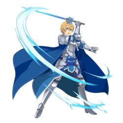 Rule 34 | 1boy, arm up, armor, armored boots, black pants, blonde hair, blue cape, blue eyes, boots, cape, eugeo, full body, gauntlets, hair between eyes, holding, holding sword, holding weapon, looking at viewer, male focus, official art, open mouth, outstretched arm, pants, shoulder armor, solo, pauldrons, standing, sword, sword art online, sword art online: code register, weapon