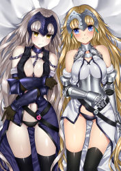 Rule 34 | 2girls, arm at side, arm guards, armor, bad id, bad pixiv id, bare shoulders, between breasts, black gloves, black legwear, black panties, blonde hair, blue eyes, blush, breasts, chain, cleavage, clenched teeth, collar, commentary request, cowboy shot, dual persona, elbow gloves, fate/grand order, fate (series), from behind, furrowed brow, gauntlets, gloves, gluteal fold, hand on own arm, headpiece, holding own arm, impossible clothes, jeanne d&#039;arc (fate), jeanne d&#039;arc (ruler) (fate), jeanne d&#039;arc (third ascension) (fate), jeanne d&#039;arc alter (avenger) (fate), jeanne d&#039;arc alter (avenger) (third ascension) (fate), jeanne d&#039;arc alter (fate), komazuki (komaworks240), long hair, looking at viewer, looking up, lying, medium breasts, multiple girls, navel, on back, panties, parted lips, shiny skin, silver hair, smile, spread legs, stomach, teeth, thighhighs, underwear, very long hair, yellow eyes