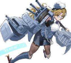 Rule 34 | 1girl, adapted turret, artillery, black pantyhose, black skirt, blonde hair, blush, breasts, dated, gegeron, glasses, green eyes, hat, headgear, highres, kantai collection, large breasts, long hair, long sleeves, machinery, military, military uniform, northampton (kancolle), pantyhose, pencil skirt, pleated skirt, rigging, semi-rimless eyewear, skirt, smile, smokestack, solo, turret, uniform, white hat