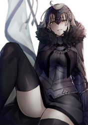 Rule 34 | 1girl, ahoge, anoshabu, armor, armored dress, black armor, black dress, black thighhighs, breasts, cape, chain, dress, fate/grand order, fate (series), flag, fur-trimmed cape, fur collar, fur trim, gauntlets, headpiece, jeanne d&#039;arc (fate), jeanne d&#039;arc alter (avenger) (fate), jeanne d&#039;arc alter (fate), knee up, large breasts, looking at viewer, open mouth, short hair, silver hair, sitting, smile, solo, thighhighs, thighs, yellow eyes
