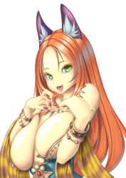 Rule 34 | 1girl, animal ears, armlet, bracelet, breasts, cat ears, cleavage, fangs, green eyes, highres, isabella (seiken densetsu 3), jewelry, large breasts, long hair, nail polish, necklace, open mouth, red hair, saliva, seiken densetsu, seiken densetsu 3, sharp nails, slit pupils