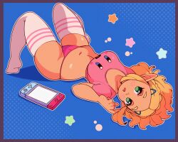 Rule 34 | 1girl, blonde hair, blue background, blush, bow, braid, breasts, character print, green eyes, hair ornament, hairclip, handheld game console, highres, kirby, kirby (series), looking at viewer, lying, medium breasts, midriff, navel, nintendo, nintendo switch, open mouth, pink bow, pink shirt, pointy ears, princess zelda, print shirt, shirt, short hair, short sleeves, star (symbol), striped clothes, striped thighhighs, teeth, the legend of zelda, the legend of zelda: breath of the wild, the legend of zelda: tears of the kingdom, thighhighs, tiara miss tsu, tiaradraws, white thighhighs