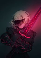Rule 34 | 1girl, absurdres, armor, artoria pendragon (fate), bad id, bad pixiv id, blonde hair, cowboy shot, excalibur morgan (fate), fate (series), glowing, glowing armor, glowing sword, glowing weapon, highres, looking at viewer, mask over one eye, rlf 00, saber alter, shaded face, solo, weapon, yellow eyes
