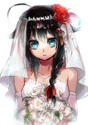 Rule 34 | 10s, 1girl, ahoge, bare shoulders, black hair, blue eyes, bouquet, braid, breasts, collarbone, dress, elbow gloves, flower, gloves, hair flower, hair ornament, hair over shoulder, hairclip, highres, jewelry, kairi (kai ri), kantai collection, long hair, looking at viewer, necklace, shigure (kancolle), single braid, solo, veil, wedding dress, white background