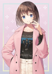 Rule 34 | 1girl, black nails, black shirt, blue eyes, brown hair, coat, commentary request, grin, hand on own hip, hand up, kine-c, long sleeves, looking at viewer, nail polish, open clothes, open coat, original, pink background, pink coat, print shirt, shirt, skirt, smile, solo, v over mouth, white skirt