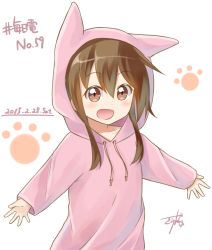 Rule 34 | 10s, 1girl, 2015, :d, animal ears, animal hood, brown eyes, brown hair, cat ears, dated, folded ponytail, gurande (g-size), hood, horns, inazuma (kancolle), kantai collection, long hair, looking at viewer, open mouth, outstretched arms, paw print, signature, simple background, smile, solo, spread arms, upper body, white background