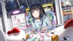 Rule 34 | 1girl, 3:, arcade, arcade cabinet, ball, black hair, blue eyes, blue hoodie, blurry, blurry background, blurry foreground, blush, coin, commentary request, crane game, depth of field, highres, hood, hoodie, indoors, long hair, long sleeves, original, sidelocks, solo, stuffed animal, stuffed chicken, stuffed toy, superpig, v-shaped eyebrows