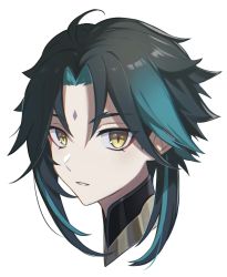 Rule 34 | 1boy, ahoge, black hair, facial mark, genshin impact, green hair, highres, looking at viewer, male focus, multicolored hair, parted lips, portrait, simple background, solo, turtleneck, unapyo 00, upper body, white background, xiao (genshin impact), yellow eyes