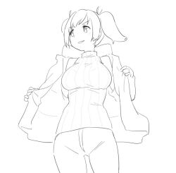Rule 34 | 1girl, breasts, coat, cowboy shot, greyscale, jacket, kantai collection, large breasts, lineart, looking to the side, monochrome, official alternate costume, open clothes, open jacket, pants, sleeveless, sleeveless sweater, solo, souryuu (kancolle), sweater, tamu (mad works), turtleneck, turtleneck sweater, winter clothes, winter coat