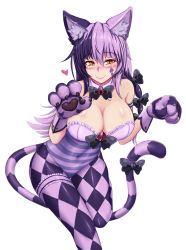 Rule 34 | 1girl, absurdres, animal ears, animal hands, bell, black hair, blush, breasts, cat ears, cat tail, cheshire cat (monster girl encyclopedia), commentary, facial tattoo, gloves, hair between eyes, hair ribbon, heart, highres, large breasts, monster girl encyclopedia, multicolored hair, navel, purple hair, ribbon, simple background, smile, solo, tail, tail ornament, tail ribbon, tattoo, white background, wlper, yellow eyes