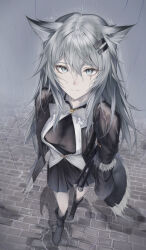 Rule 34 | 1girl, absurdres, animal ear fluff, animal ears, arknights, black coat, black dress, black footwear, boots, breasts, closed mouth, coat, dress, foreshortening, from above, fur-trimmed coat, fur trim, grey eyes, grey hair, highres, knee boots, lappland (arknights), lappland (refined horrormare) (arknights), long hair, long sleeves, looking at viewer, looking up, medium breasts, official alternate costume, open clothes, open coat, outdoors, r oot, rain, scar, scar across eye, scar on face, sleeves past fingers, sleeves past wrists, solo, sword, very long hair, weapon, wolf ears