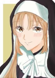 Rule 34 | 1girl, black dress, blush, brown background, brown eyes, brown hair, closed mouth, dress, habit, highres, long hair, looking at viewer, nijisanji, nun, parted bangs, ribbon, sister claire, sister claire (1st costume), smile, solo, traditional nun, tsumetsume zerii, two-tone background, upper body, virtual youtuber, white background, white ribbon