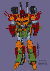 Rule 34 | 1boy, 2021, alex milne, armor, bludgeon (transformers), clenched hands, decepticon, evil, full body, green armor, helmet, japanese armor, kabuto (helmet), mecha, military, military vehicle, motor vehicle, official art, orange armor, purple background, red armor, red eyes, red headwear, robot, samurai, science fiction, sheath, sheathed, signature, tank, tank turret, the transformers (idw), transformers, weapon behind back