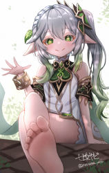Rule 34 | 1girl, absurdres, barefoot, closed mouth, crossed legs, dress, elf, feet, genshin impact, green eyes, highres, looking at viewer, nahida (genshin impact), nanamo yado, pointy ears, sitting, smile, soles, solo, toes, white hair