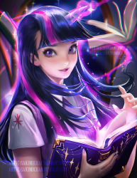 Rule 34 | 1girl, aura, book, gradient background, horns, long hair, looking at viewer, magic, multicolored hair, my little pony, my little pony: friendship is magic, personification, purple eyes, purple hair, sakimichan, single horn, smile, solo, twilight sparkle, two-tone hair