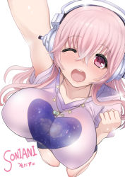Rule 34 | 1girl, arm up, breasts, galaxy, guitar, headphones, huge breasts, instrument, jewelry, long hair, looking at viewer, miyamoto issa, necklace, nitroplus, one eye closed, open mouth, pink eyes, pink hair, simple background, smile, solo, star (symbol), super sonico, white background, wink