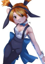 Rule 34 | 1girl, animal ears, blush, bow, bowtie, breasts, detached collar, fake animal ears, highres, looking at viewer, natsume (saru getchu), open mouth, orange eyes, orange hair, rabbit ears, saru getchu, short hair, simple background, smile, solo, supure647, twintails, white background, wrist cuffs