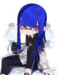 Rule 34 | 1girl, amatya, anger vein, angry, arm support, bad id, bad pixiv id, black leggings, blue hair, blunt bangs, bucket, collared shirt, commentary, frown, glaring, grimace, highres, inkling, inkling girl, inkling player character, jellyfish (splatoon), leggings, logo, long hair, long sleeves, looking at viewer, nintendo, parted lips, pointy ears, print leggings, red eyes, shirt, shoes, simple background, single vertical stripe, sitting, solo, splatoon (series), splatoon 2, tentacle hair, water, wet, wet clothes, white background, white shirt