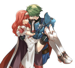 Rule 34 | 1boy, 1girl, alm (fire emblem), armor, armored boots, black thighhighs, bodysuit, boots, cape, carrying, celica (fire emblem), couple, dress, earrings, face-to-face, fingerless gloves, fire emblem, fire emblem echoes: shadows of valentia, gloves, green eyes, green hair, hand on another&#039;s face, hetero, highres, jewelry, looking at another, misu kasumi, nintendo, princess carry, red eyes, red hair, ribbed bodysuit, signature, simple background, smile, thigh boots, thighhighs, thighhighs under boots, tiara, white background, white dress, white footwear
