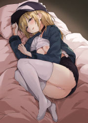 Rule 34 | 0shino, 1girl, absurdres, ass, baseball cap, bed, bed sheet, black skirt, blonde hair, blue hat, blue jacket, breasts, brown hair, clothes lift, commentary request, hat, highres, jacket, long hair, looking at viewer, lying, nipples, on bed, on side, open mouth, original, panties, pillow, pink panties, shirt, shirt lift, skirt, small breasts, solo, thighhighs, thighs, underwear, white shirt