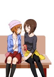 Rule 34 | 10s, 2girls, absurdres, bag, beanie, bench, black pants, black shirt, black socks, blue jacket, blush, brown eyes, brown hair, casual, closed mouth, clothes around waist, collarbone, embarrassed, food, girls und panzer, handbag, hat, highres, holding hands, incest, jacket, jacket around waist, kneehighs, long sleeves, looking at another, medium skirt, multiple girls, nishizumi maho, nishizumi miho, open clothes, open jacket, pants, park bench, parted lips, pink hat, pleated skirt, pocky, pocky kiss, red skirt, shared food, shirt, short hair, si ye, siblings, sisters, sitting, sketch, skirt, socks, white shirt, yellow jacket, yuri
