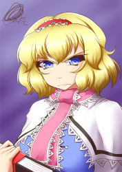 Rule 34 | 1girl, alice margatroid, blonde hair, blue eyes, book, capelet, hairband, mazume, purple background, scowl, short hair, squiggle, touhou