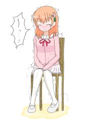 Rule 34 | 1girl, between legs, blush, chair, closed eyes, closed mouth, collarbone, crying, embarrassed, female focus, fizu, flat chest, flower, full body, gochuumon wa usagi desu ka?, hair flower, hair ornament, hairclip, hand between legs, have to pee, hoto cocoa, japanese text, long hair, long sleeves, miniskirt, neck ribbon, nose blush, orange hair, pantyhose, peeing, peeing self, pink flower, pink shirt, pleated skirt, puddle, red ribbon, ribbon, sailor collar, school uniform, shirt, shoes, simple background, sitting, skirt, solo, speech bubble, steam, sweat, tears, translated, trembling, white background, white footwear, white pantyhose, white sailor collar, white skirt