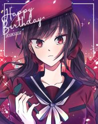 Rule 34 | 1girl, black hair, bow, brown hair, collarbone, commentary request, danganronpa (series), danganronpa v3: killing harmony, dated, floral print, flower, frown, gradient background, hair ornament, hand up, happy birthday, harukawa maki, holding, holding flower, long hair, looking at viewer, mole, mole under eye, nail polish, papu (papu1006), red eyes, red flower, red headwear, red nails, red rose, red scrunchie, rose, school uniform, scrunchie, serafuku, shirt, skirt, solo, sparkle, twintails, upper body