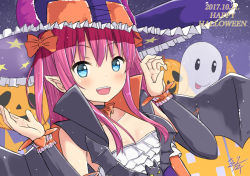 Rule 34 | 1girl, :d, bad id, bad pixiv id, bat (animal), blue eyes, blunt bangs, cape, collarbone, commentary request, dated, detached sleeves, elizabeth bathory (fate), elizabeth bathory (halloween caster) (fate), fate/grand order, fate (series), ghost, hair between eyes, hat, jack-o&#039;-lantern, long hair, looking at viewer, mikoillust, open mouth, pointy ears, purple hair, smile, witch hat