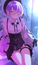 Rule 34 | 1girl, beret, black skirt, blush, cardigan, closed mouth, collared shirt, ear piercing, glasses, green eyes, grey cardigan, hair ornament, hat, hcz n, high-waist skirt, highres, holding, holding phone, hololive, indoors, leg tattoo, long sleeves, looking at viewer, o-ring, o-ring thigh strap, off shoulder, open cardigan, open clothes, phone, piercing, pink hair, pleated skirt, purple hair, shirt, sitting, skirt, sleeveless, sleeveless shirt, solo, tattoo, thigh strap, tokoyami towa, virtual youtuber, white shirt, wide sleeves, x hair ornament