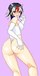 Rule 34 | 1girl, angry, ass, bare shoulders, black hair, blush, breasts, elbow gloves, from behind, gloves, hand on ass, horns, kijin seija, kudou (ooabareteng), large breasts, leotard, looking at viewer, looking back, multicolored hair, pointing, red eyes, red hair, shiny skin, short hair, sideboob, simple background, solo, standing, tears, thong, thong leotard, touhou, white hair
