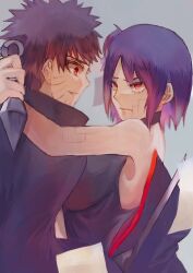Rule 34 | 1boy, 1girl, bare shoulders, breasts, cherrynouka3, hair bun, highres, holding, holding knife, holding weapon, knife, konan (naruto), kunai, labret piercing, large breasts, makeup, naruto (series), naruto shippuuden, paper, red eyes, scar, scar on face, smile, uchiha obito, weapon