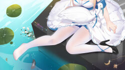 Rule 34 | artist name, azur lane, bird, black footwear, blonde hair, blue dress, breasts, chinese commentary, cleavage, dated, dress, dutch angle, feet, from above, high heels, highres, juneau (azur lane), juneau (in the swan garden) (azur lane), lily pad, lower body, medium breasts, pantyhose, shoes, single shoe, swan, thighs, toes, two-tone dress, water, white dress, white pantyhose, xiao shi lullaby