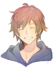 Rule 34 | 1boy, a082, blue hoodie, brown hair, closed eyes, fighter (granblue fantasy), gran (granblue fantasy), granblue fantasy, grin, hood, hoodie, male focus, messy hair, portrait, simple background, smile, solo, white background