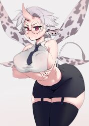 Rule 34 | 1girl, absurdres, animal ears, animal print, arms under breasts, blush, breast lift, breast press, breasts, collared shirt, cow ears, cow girl, cow print, cow tail, crop top, cropped vest, fairy wings, garter straps, grey background, gs16 (chug), highres, horns, jourjii, large breasts, large horns, midriff, navel, nipples visible through clothes, oni horns, original, parted hair, pencil skirt, pout, pouting, round eyewear, shirt, short hair, sideboob, skirt, sleeveless, solo, tail, thighhighs, tie clip, vest, white hair, wings