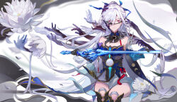 Rule 34 | 1girl, absurdres, bare shoulders, black blindfold, black footwear, black gloves, blindfold, blue sleeves, closed mouth, crystal sword, detached sleeves, epiphyllum, flower, ghost hands, gloves, hands in hair, high ponytail, highres, holding, holding sword, holding weapon, honkai: star rail, honkai (series), jingliu (honkai: star rail), long hair, looking to the side, miermere, red eyes, red tassel, sitting, skirt, solo, sword, unworn blindfold, weapon, white flower, white hair, white petals, white skirt