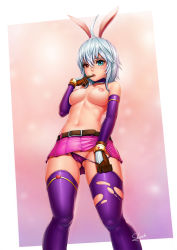 Rule 34 | 1girl, animal ears, belt, blue eyes, borrowed character, breasts, cameltoe, detached sleeves, dutch angle, finger to mouth, gloves, heterochromia, highres, microskirt, mole, mole under eye, newash, nipples, original, panties, panty pull, pantyshot, pleated skirt, rabbit ears, red eyes, short hair, silver hair, skirt, solo, thighhighs, torn clothes, torn thighhighs, underwear, zettai ryouiki