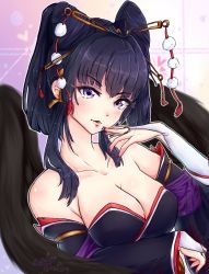 Rule 34 | 1girl, bare shoulders, black detached sleeves, black hair, black hat, black wings, blurry, blush, breasts, bridal gauntlets, cleavage, collarbone, dead or alive, depth of field, detached sleeves, dress, eyeshadow, female focus, hair ornament, hand up, hat, head tilt, highres, japanese clothes, large breasts, lips, looking at viewer, makeup, mole, mole under mouth, nail polish, neck, nyotengu, open mouth, purple eyes, purple nails, short hair, solo, strapless, strapless dress, tecmo, tokin hat, upper body, wings