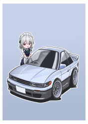 Rule 34 | 1girl, 3books, absurdres, blue background, blue dress, car, collared shirt, deformed, dress, grey hair, hair between eyes, highres, izayoi sakuya, looking to the side, maid, maid headdress, medium hair, motor vehicle, nissan, nissan s13 silvia, nissan silvia, open mouth, red eyes, shadow, shirt, smile, solo, spoiler (automobile), touhou, vehicle focus, white shirt