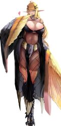 Rule 34 | 1girl, ahoge, bird legs, blonde hair, blue eyes, breasts, cleavage, commentary request, feathers, hair between eyes, harpy, heart, highres, horanhoran, large breasts, long hair, monster girl, open mouth, original, pelvic curtain, pointy ears, sandals, see-through, simple background, solo, talons, very long ears, white background, winged arms, wings, yellow feathers, yellow wings