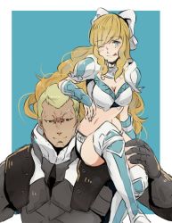 Rule 34 | 1boy, 1girl, armor, benny (fire emblem), blue eyes, breasts, charlotte (fire emblem), fire emblem, fire emblem fates, hair ribbon, holding, large breasts, looking at viewer, nintendo, one eye closed, ribbon, scar, scar on face, sitting on shoulder, upper body, yachimata 1205