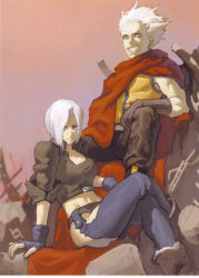 Rule 34 | 1boy, 1girl, angel (kof), blue eyes, boots, cape, chaps, fingerless gloves, gloves, grin, highres, jacket, k9999, midriff, sitting, smile, snk, the king of fighters, white hair