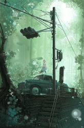 Rule 34 | 1girl, animal ears, blonde hair, blurry, bokeh, depth of field, dress, forest, fox tail, green theme, looking at viewer, mask, motor vehicle, nabana, nature, original, overgrown, pickup truck, pole, railing, roots, scenery, short hair, solo, stairs, standing, tail, traffic light, tree, truck, vehicle