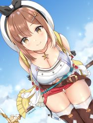 Rule 34 | 1girl, artist name, atelier (series), atelier ryza, atelier ryza 1, belt, bent over, beret, blue sky, blush, breasts, brown eyes, brown hair, cleavage, closed mouth, cloud, collarbone, cowboy shot, day, dutch angle, hair ornament, hairclip, hat, highres, holding, jewelry, kaetzchen, large breasts, looking at viewer, navel, necklace, red shorts, reisalin stout, shirt, short hair, short shorts, shorts, skindentation, sky, smile, solo, star (symbol), star necklace, test tube, thighhighs, thighs, white hat, white shirt